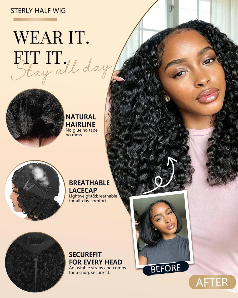 Burmese Curly Human Hair Half Wig 180 Density