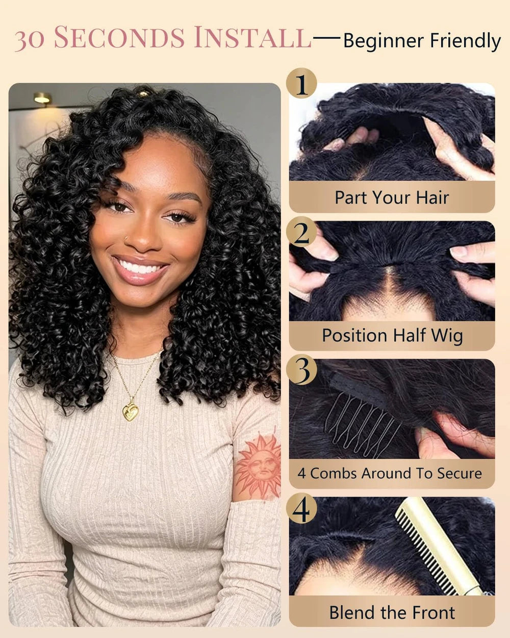 Burmese Curly Human Hair Half Wig 180 Density
