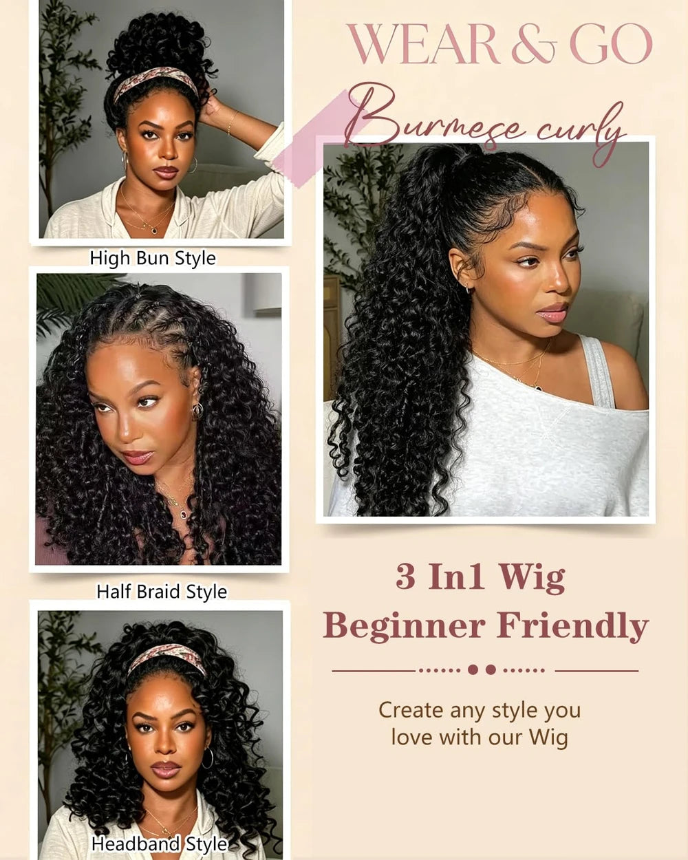 Burmese Curly Human Hair Half Wig 180 Density