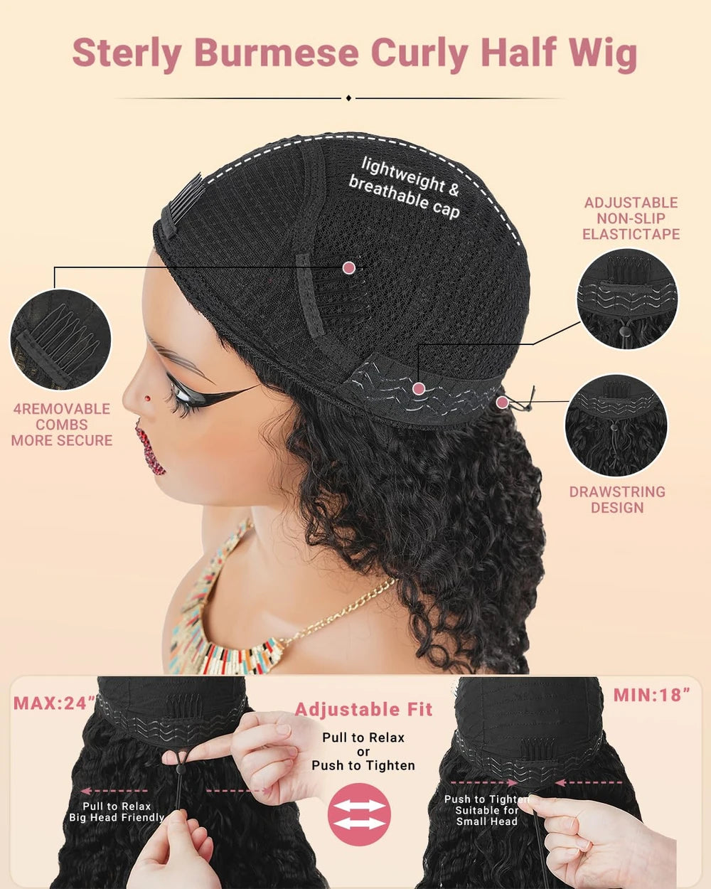 Burmese Curly Human Hair Half Wig 180 Density