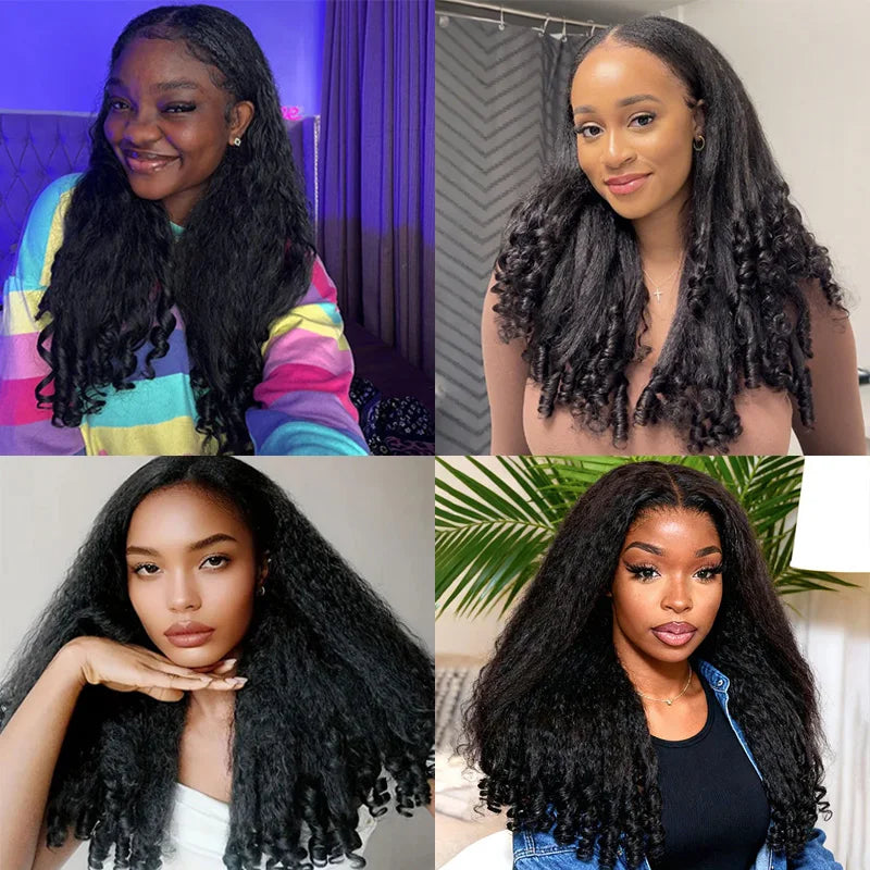 Kinky Straight Burmese Curly Half Wig Human Hair Human Hair Ready to Wear 3 IN 1 Half Wig Drawstring Burmese Glueless Half Wig