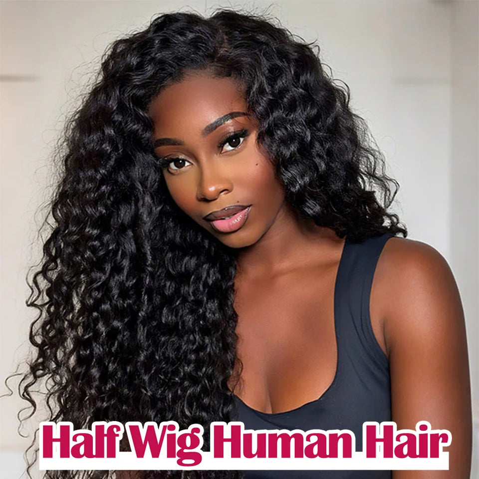 250% 3 In 1 Half Wig Human Hair Water Wave Half Wig Drawstring  Deep Curly  Glueless Curly Flip Over Wig Beginner Friendly