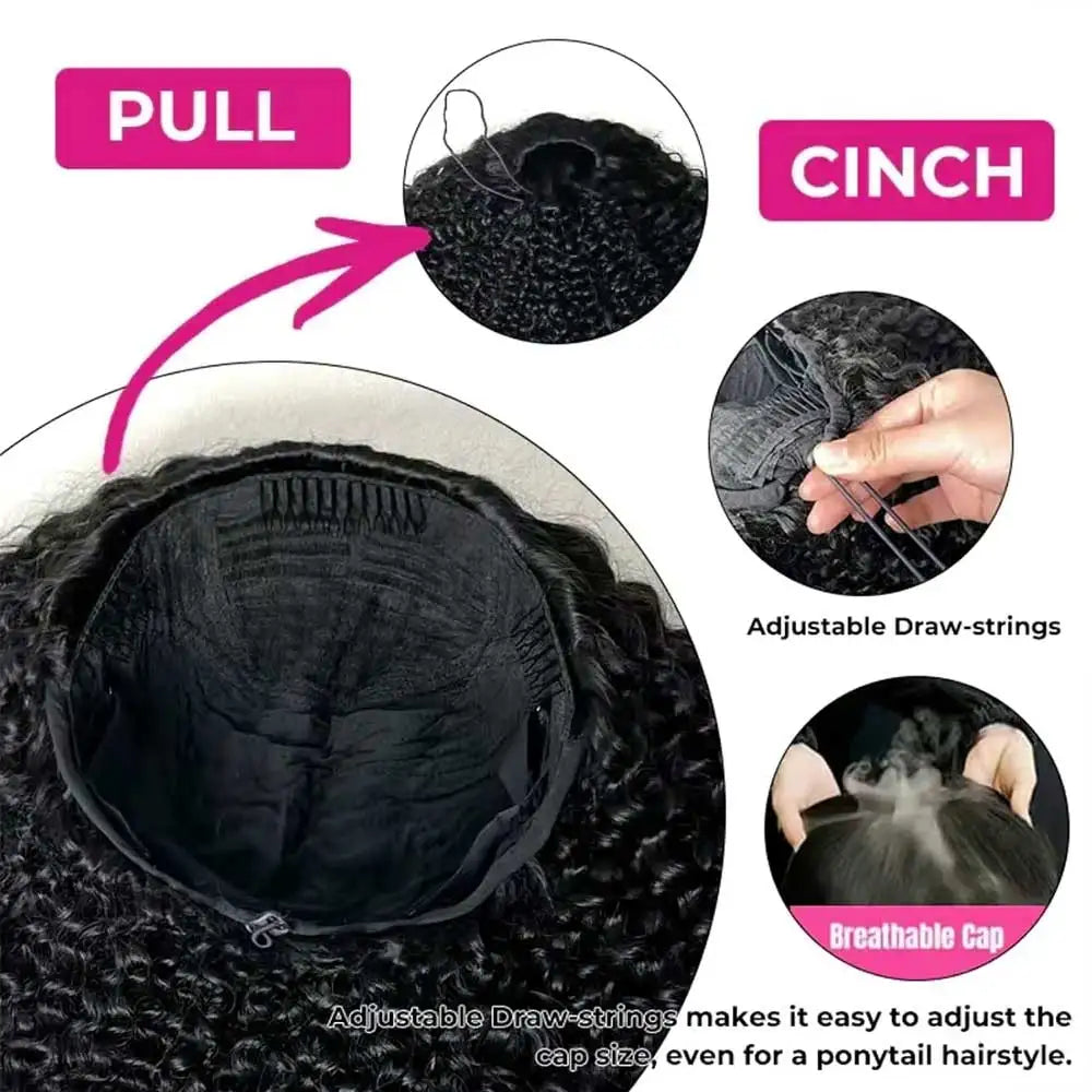 Kinky Straight Burmese Curly Half Wig Human Hair Human Hair Ready to Wear 3 IN 1 Half Wig Drawstring Burmese Glueless Half Wig