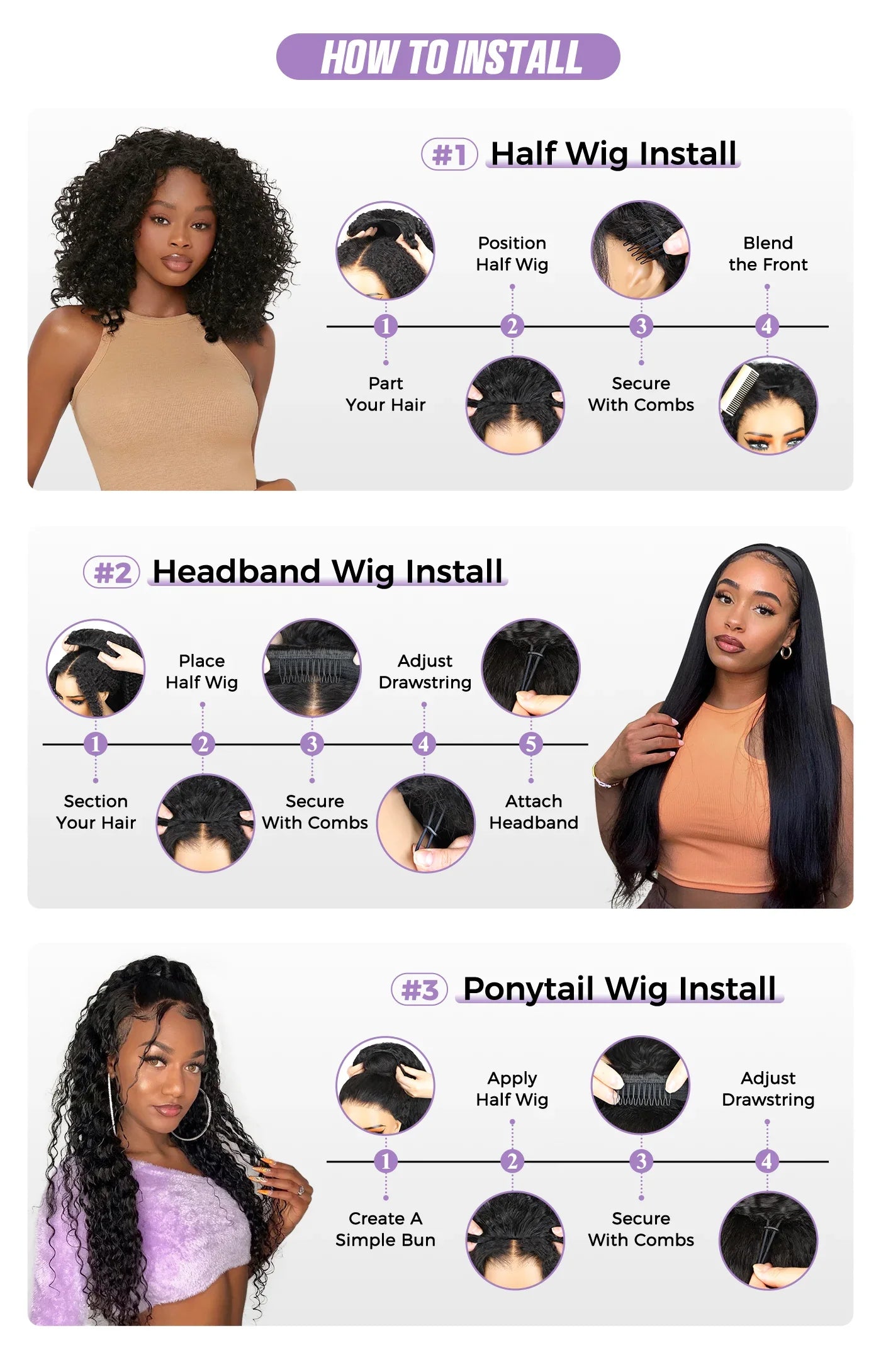 250% 3 In 1 Half Wig Human Hair Water Wave Half Wig Drawstring  Deep Curly  Glueless Curly Flip Over Wig Beginner Friendly