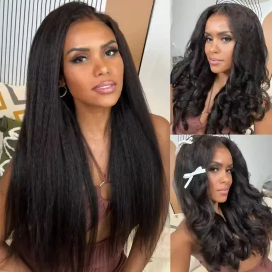 250 Density Kinky Straight Half Wigs Human Hair Wig Human Hair Ready to Wear 3 IN 1 Half Wig Drawstring Yaki Half Wig Human Hair