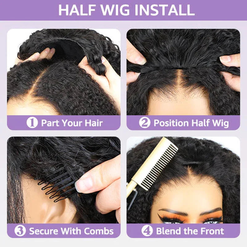 Kinky Straight Burmese Curly Half Wig Human Hair Human Hair Ready to Wear 3 IN 1 Half Wig Drawstring Burmese Glueless Half Wig