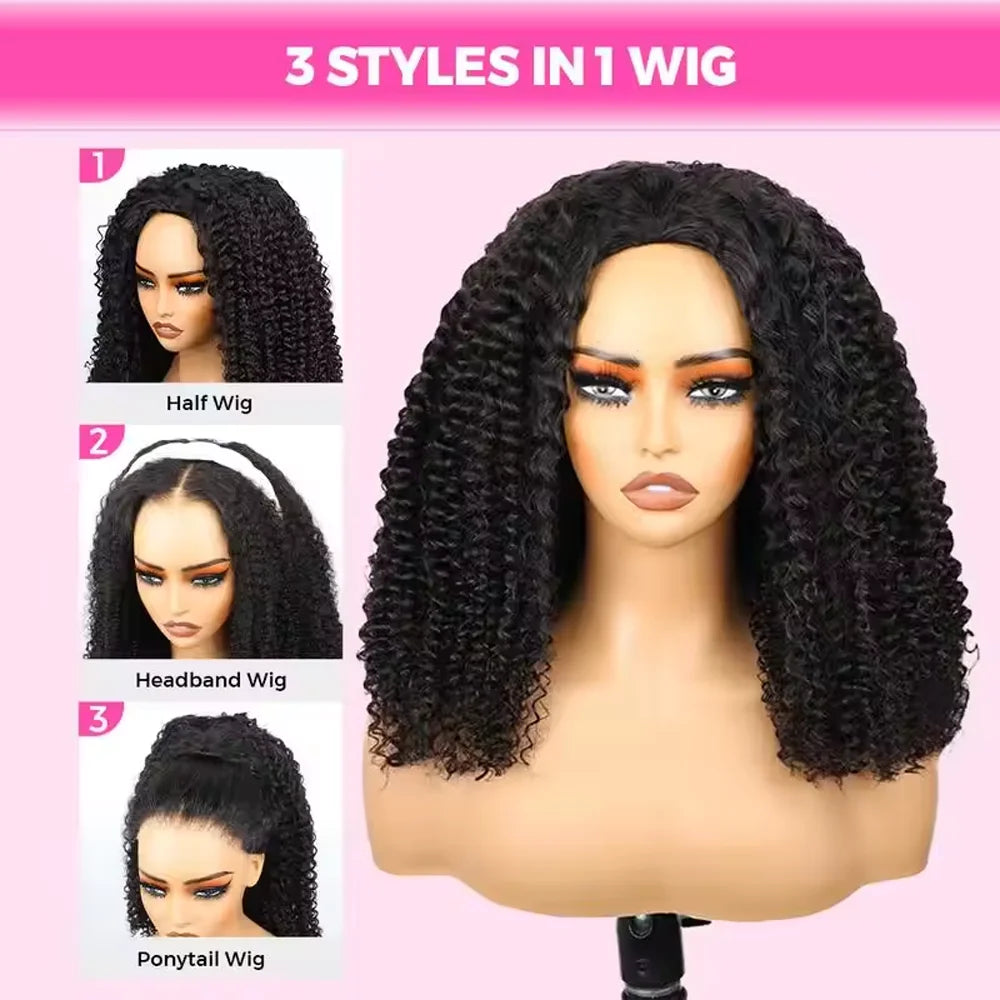 16 Inch 3 IN 1 Half Wig With Drawstring Seamless Human hair Wig Kinky Curly Headband Wig Upgrade for Women Summer Machine Wigs