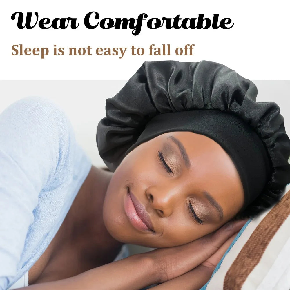 Women's Satin Solid Bonnets Wide-brimmed Night Sleeping Bathing Hat Unisex Head Wrap Elastic Band Cap Hair Care Bonnet