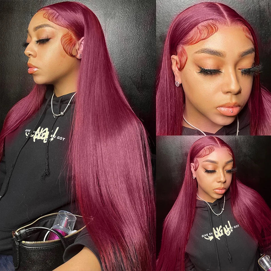 99J Burgundy 13x6 Colored HD Lace Front Wig Human Hair Wigs PrePlucked Premium Red Peruvian Straight Lace Frontal Human Hair Wig
