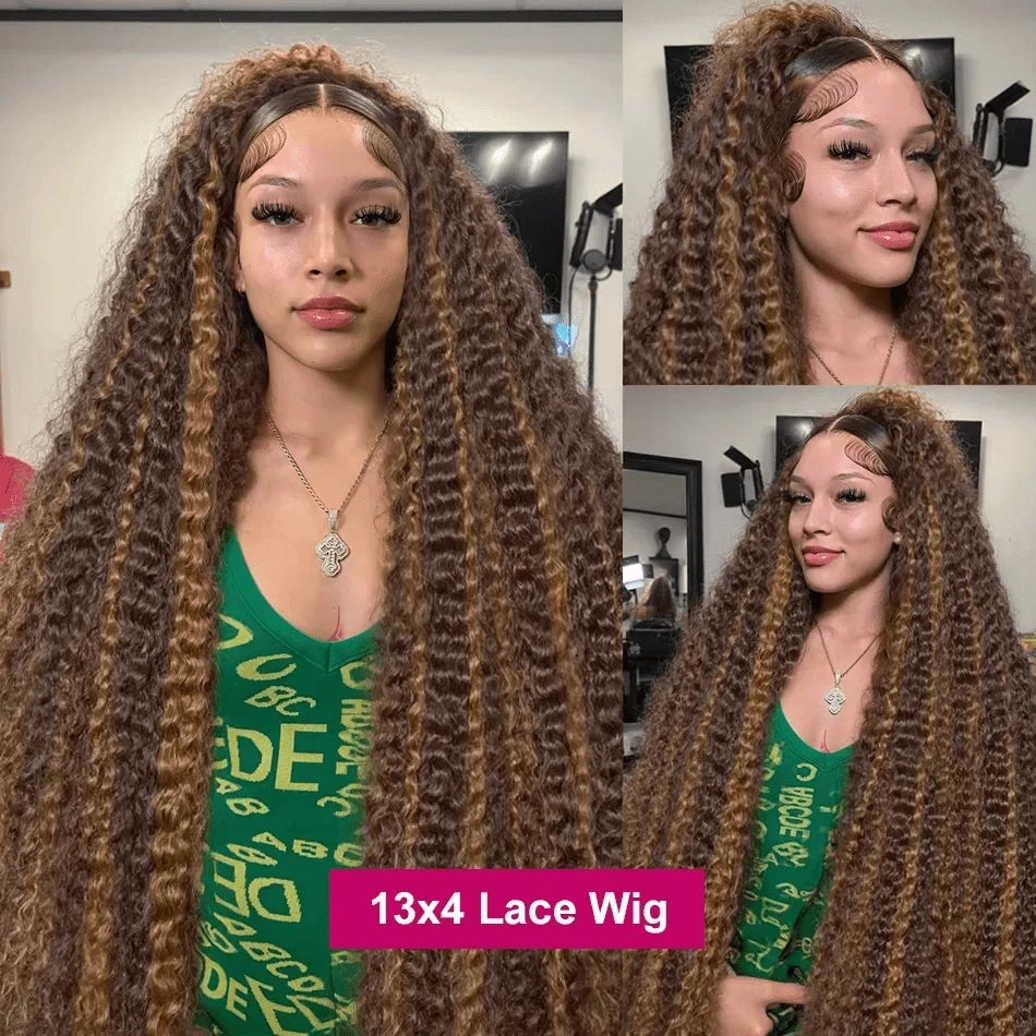 30 Inch Deep Wave Highlight Ombre Lace Front Wigs Human Hair 250% Density Deep Curly Human Hair Wig Pre Plucked P4/27 Ombre 13x4 HD Lace Frontal Wigs With Baby Hair For Women