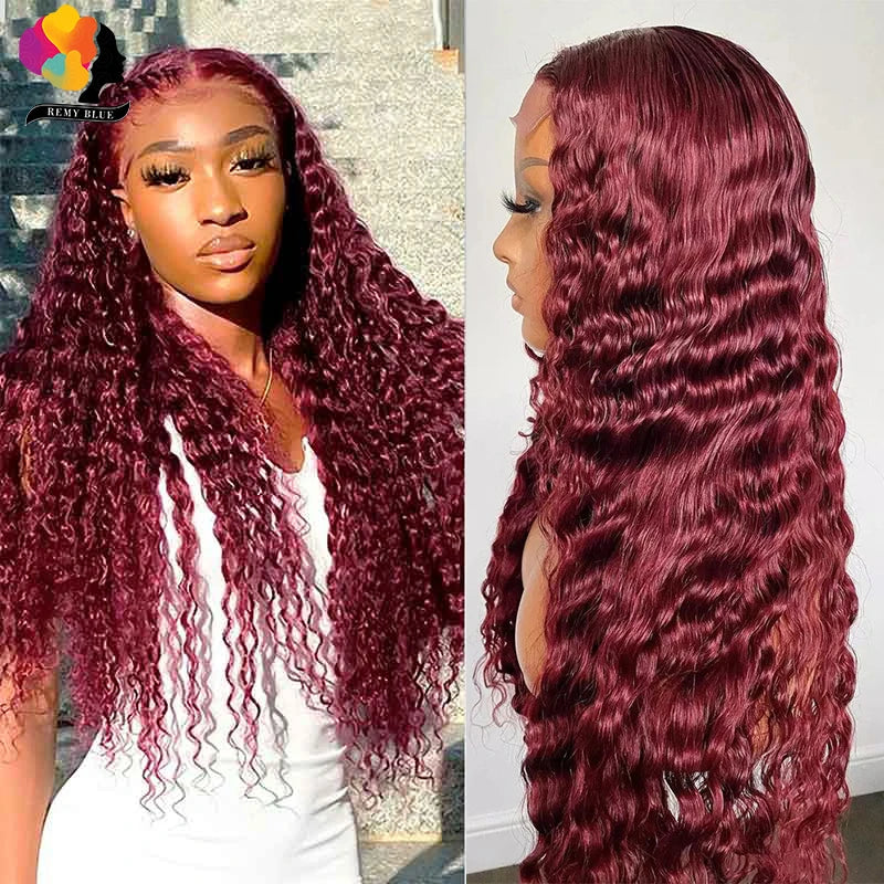 Burgundy Water Wave Human Hair Wigs for Black Women 13X6 13x4 Lace Front Human Hair Wig Remy Curly Human Hair Lace Frontal Wigs