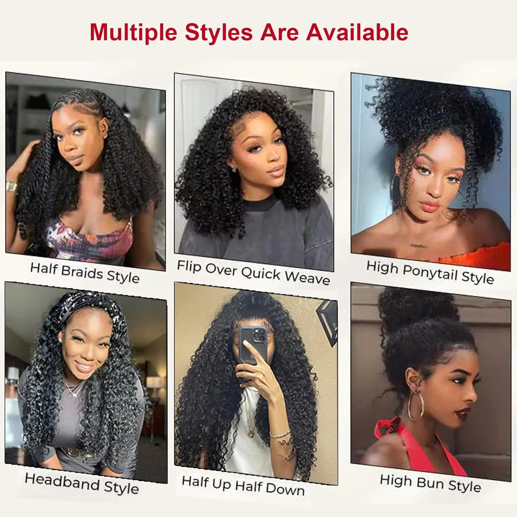 250% 3 In 1 Half Wig Human Hair Water Wave Half Wig Drawstring  Deep Curly  Glueless Curly Flip Over Wig Beginner Friendly