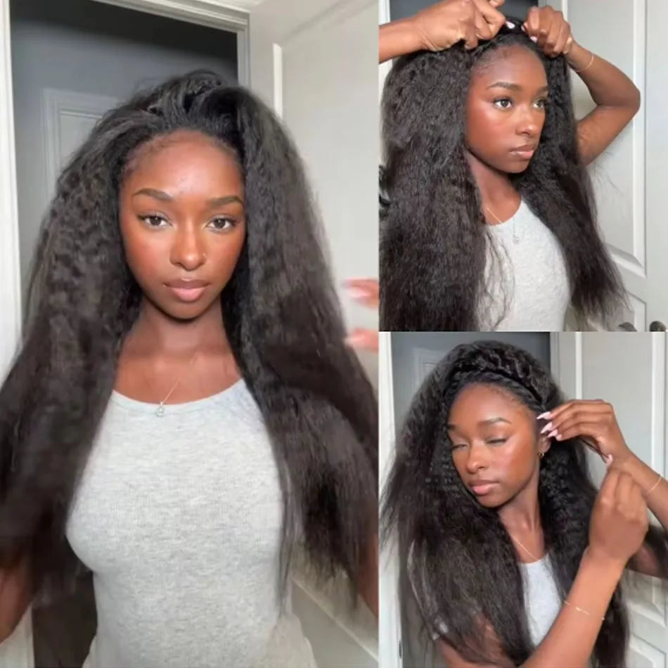 250 Density Kinky Straight Half Wigs Human Hair Wig Human Hair Ready to Wear 3 IN 1 Half Wig Drawstring Yaki Half Wig Human Hair