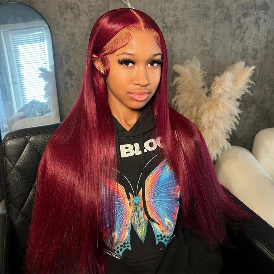 99J Burgundy 13x6 Colored HD Lace Front Wig Human Hair Wigs PrePlucked Premium Red Peruvian Straight Lace Frontal Human Hair Wig