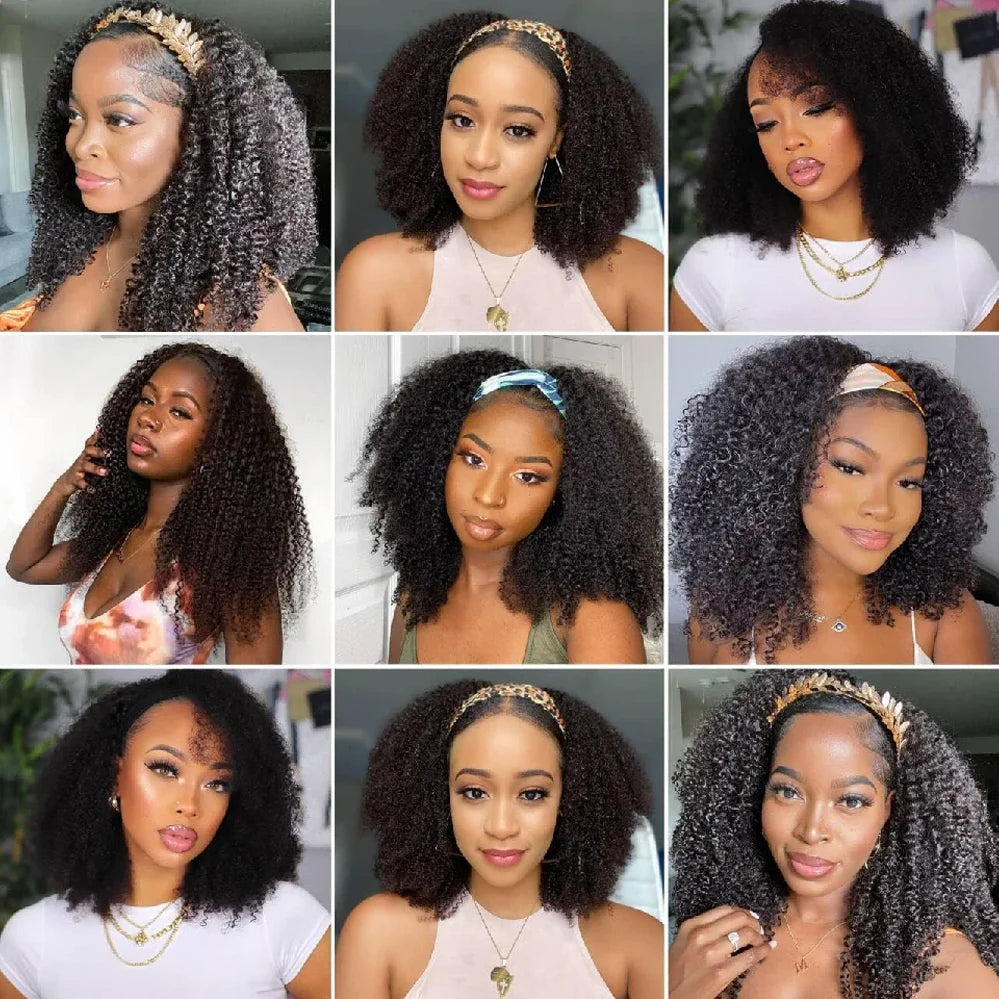16 Inch 3 IN 1 Half Wig With Drawstring Seamless Human hair Wig Kinky Curly Headband Wig Upgrade for Women Summer Machine Wigs