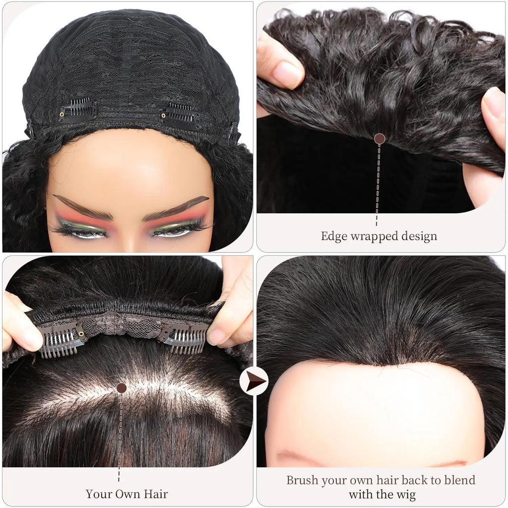 250% 3 In 1 Half Wig Human Hair Water Wave Half Wig Drawstring  Deep Curly  Glueless Curly Flip Over Wig Beginner Friendly