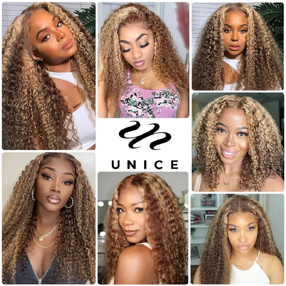 UNice Honey Blonde Highlight Kinky Curly Wig & Jerry Curly Wig Pre Plucked 13x4 Human Hair Lace Frontal Wig Clearance On Sale