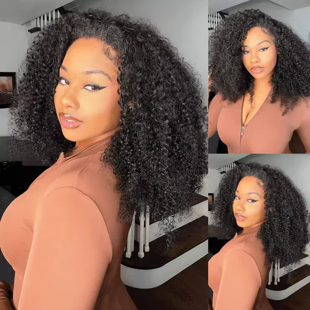 16 Inch 3 IN 1 Half Wig With Drawstring Seamless Human hair Wig Kinky Curly Headband Wig Upgrade for Women Summer Machine Wigs