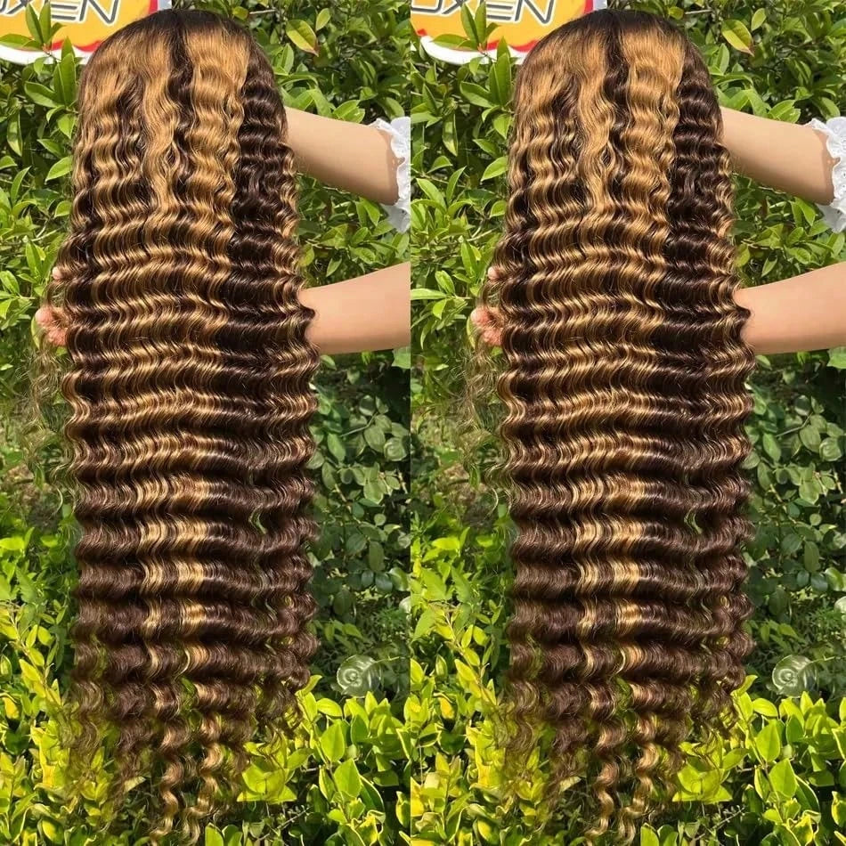 30 Inch Deep Wave Highlight Ombre Lace Front Wigs Human Hair 250% Density Deep Curly Human Hair Wig Pre Plucked P4/27 Ombre 13x4 HD Lace Frontal Wigs With Baby Hair For Women