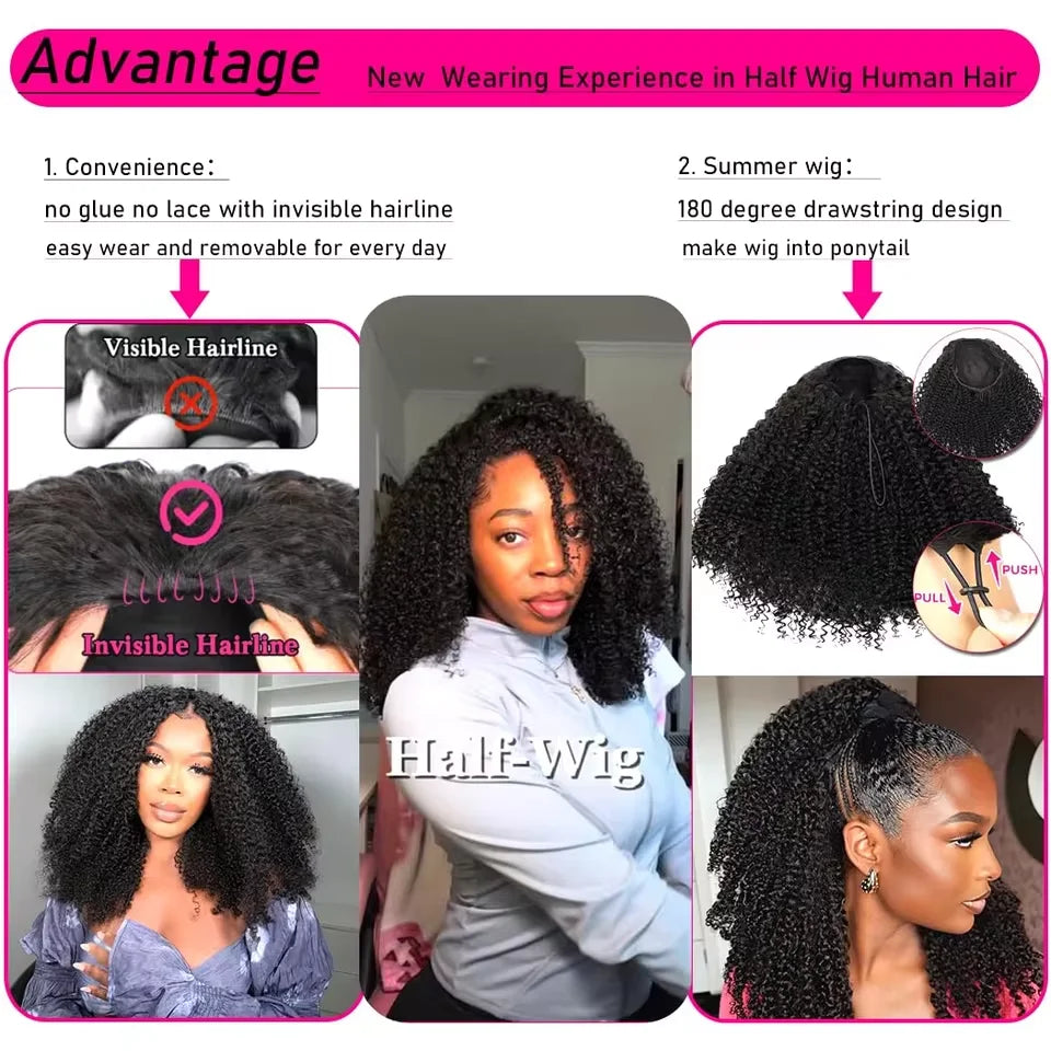 Upgrade 3 IN 1 Half Wig With Drawstring Seamless Clip Ins Flip Over Kinky Curly Wig Half Machine 200% Density Curly Half Wigs for Women Hair
