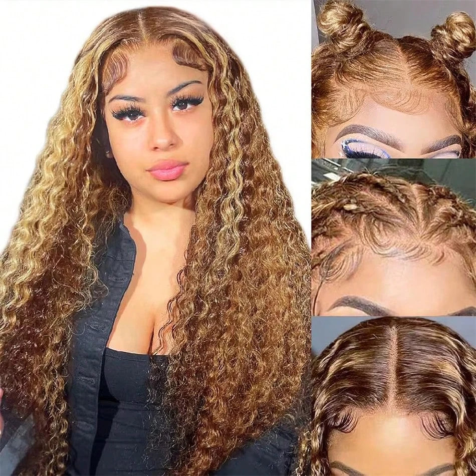 30 Inch Deep Wave Highlight Ombre Lace Front Wigs Human Hair 250% Density Deep Curly Human Hair Wig Pre Plucked P4/27 Ombre 13x4 HD Lace Frontal Wigs With Baby Hair For Women