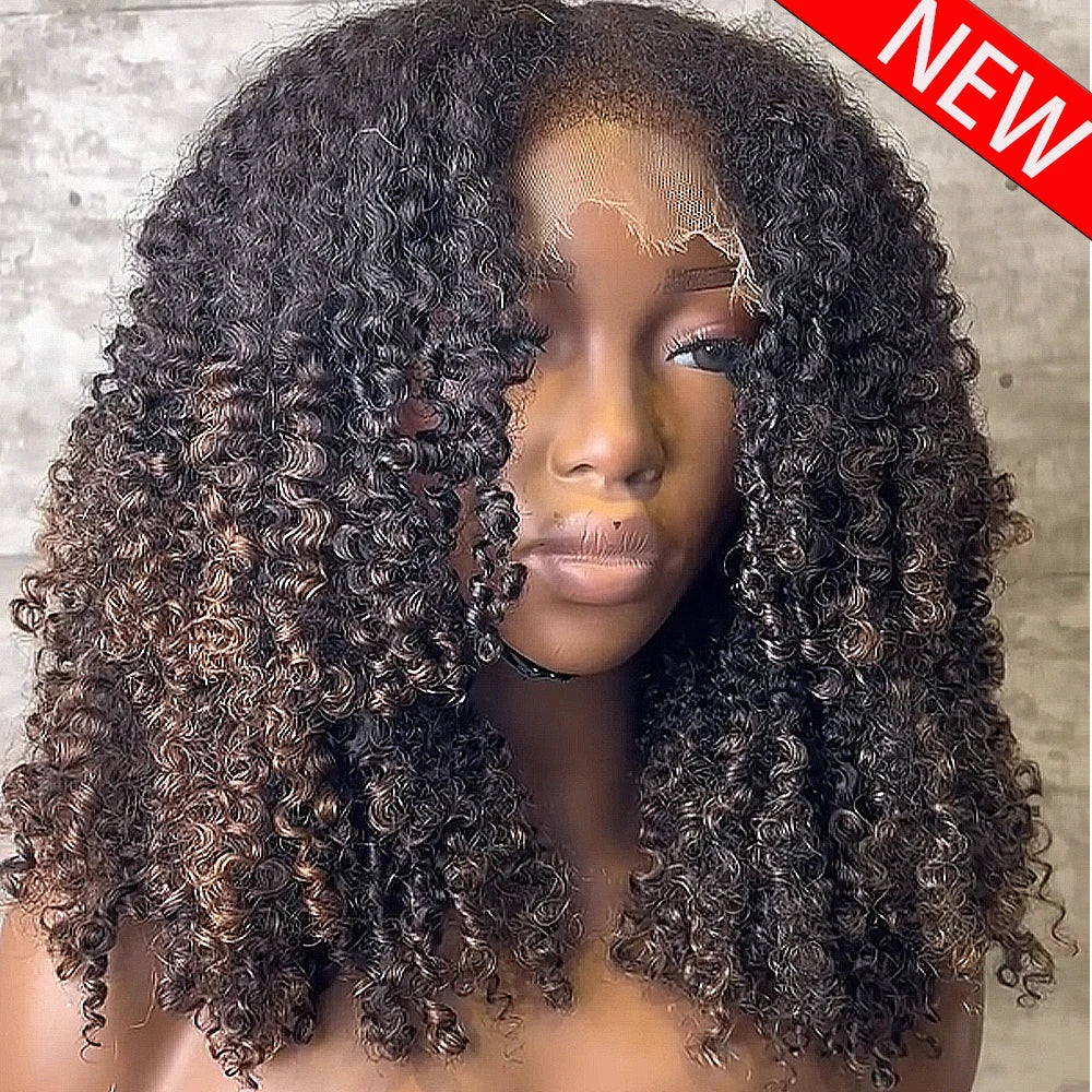 Highlight Glueless Wig Human Hair Kinky Curly 10-18 Inch 400 Density 13x6 HD Transparent Lace Frontal Wig Human Hair Wear And Go