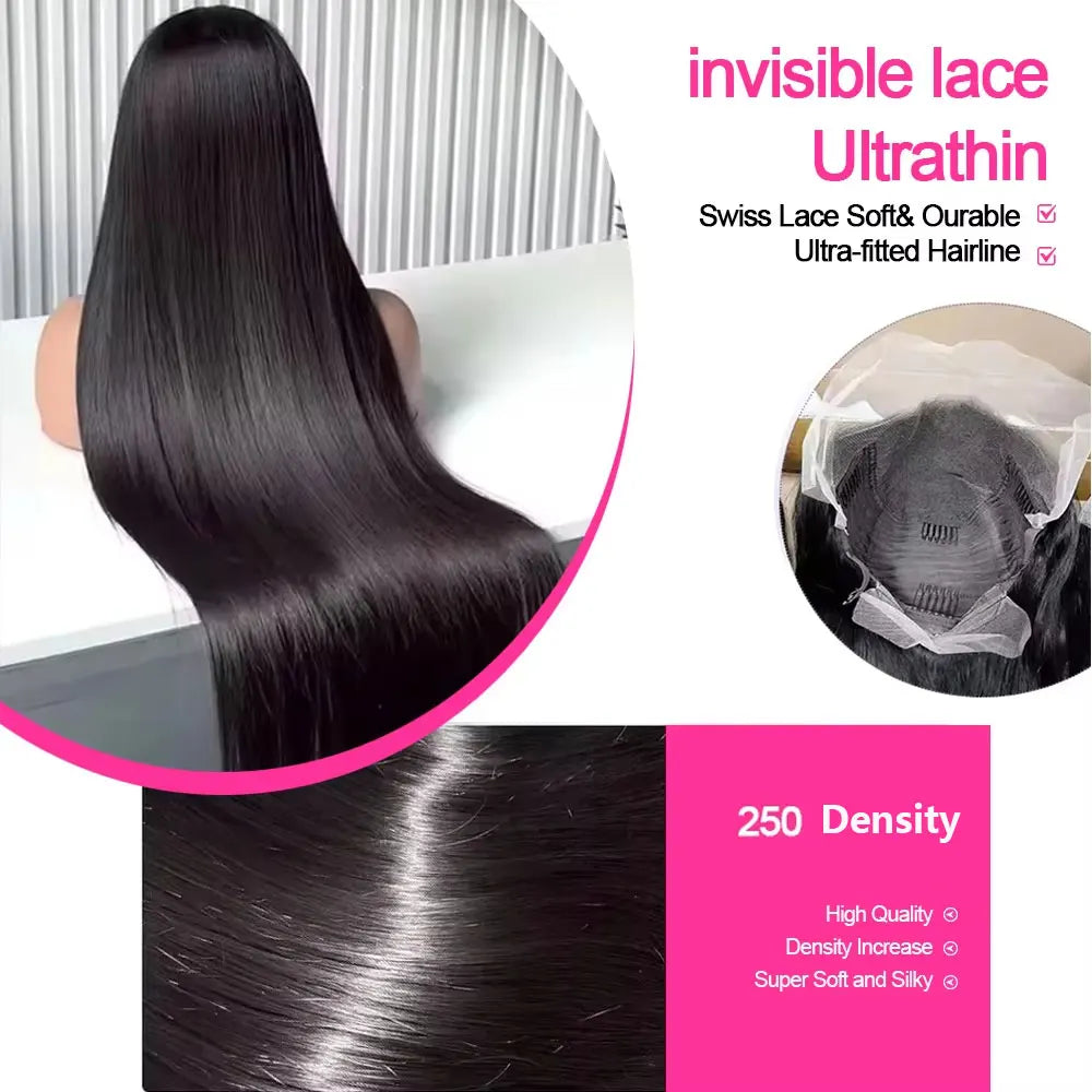 250 Density 13x4 13x6 HD Transparent Lace Frontal Wig Brazilian Wigs Human Hair 5x5 Gluess Wig Bone Straight Hair  For Women