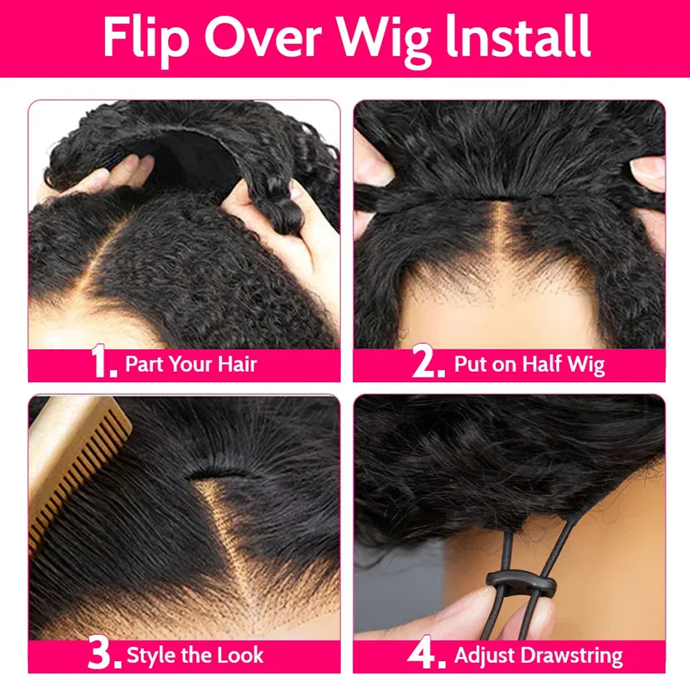 16 Inch 3 IN 1 Half Wig With Drawstring Seamless Human hair Wig Kinky Curly Headband Wig Upgrade for Women Summer Machine Wigs