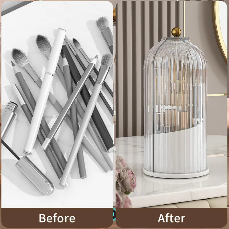 360° Rotating Makeup Brushes Holder with Lid Dustproof 3 Compartment Design Makeup Brushes Organizer Box for Vanity Countertop