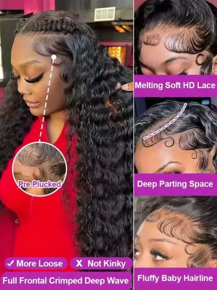 13x6 Glueless 250 Density Brazilian Deep Wave Curly HD Lace Frontal Human Hair Wig For Women Preplucked Best Hair Water Wig