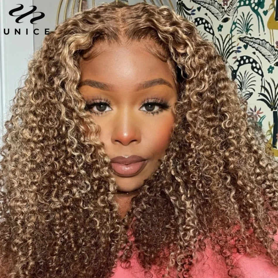 UNice Honey Blonde Highlight Kinky Curly Wig & Jerry Curly Wig Pre Plucked 13x4 Human Hair Lace Frontal Wig Clearance On Sale