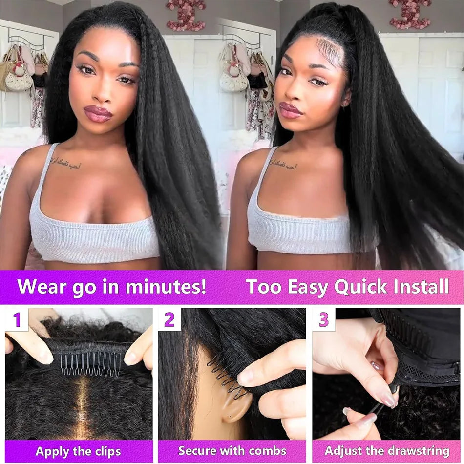250 Density Kinky Straight Half Wigs Human Hair Wig Human Hair Ready to Wear 3 IN 1 Half Wig Drawstring Yaki Half Wig Human Hair
