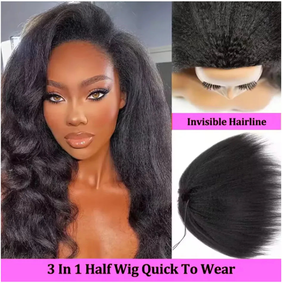 250 Density Kinky Straight Half Wigs Human Hair Wig Human Hair Ready to Wear 3 IN 1 Half Wig Drawstring Yaki Half Wig Human Hair