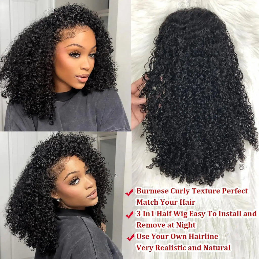 250% 3 In 1 Half Wig Human Hair Water Wave Half Wig Drawstring  Deep Curly  Glueless Curly Flip Over Wig Beginner Friendly