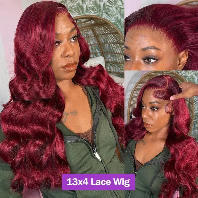 250 Density 99J Burgundy 13x4 Lace Frontal Human Hair Wigs Brazilian Colored 30 Inch Body Wave Lace Front Wigs Human Hair