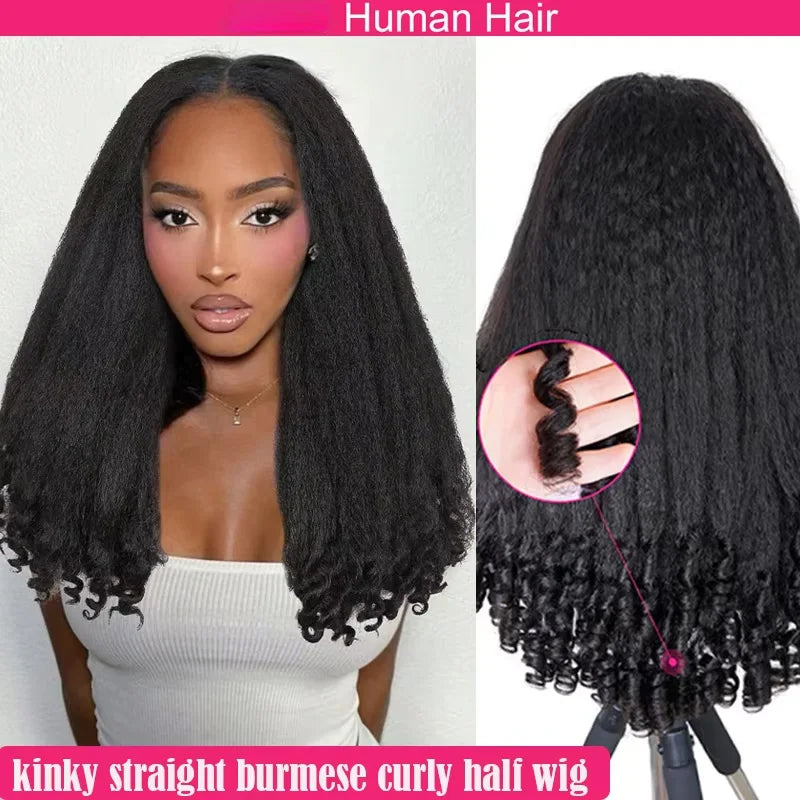 Kinky Straight Burmese Curly Half Wig Human Hair Human Hair Ready to Wear 3 IN 1 Half Wig Drawstring Burmese Glueless Half Wig