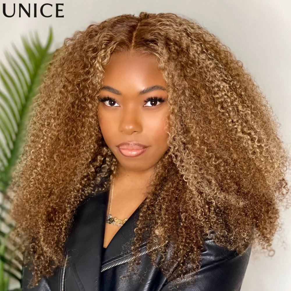 UNice Honey Blonde Highlight Kinky Curly Wig & Jerry Curly Wig Pre Plucked 13x4 Human Hair Lace Frontal Wig Clearance On Sale