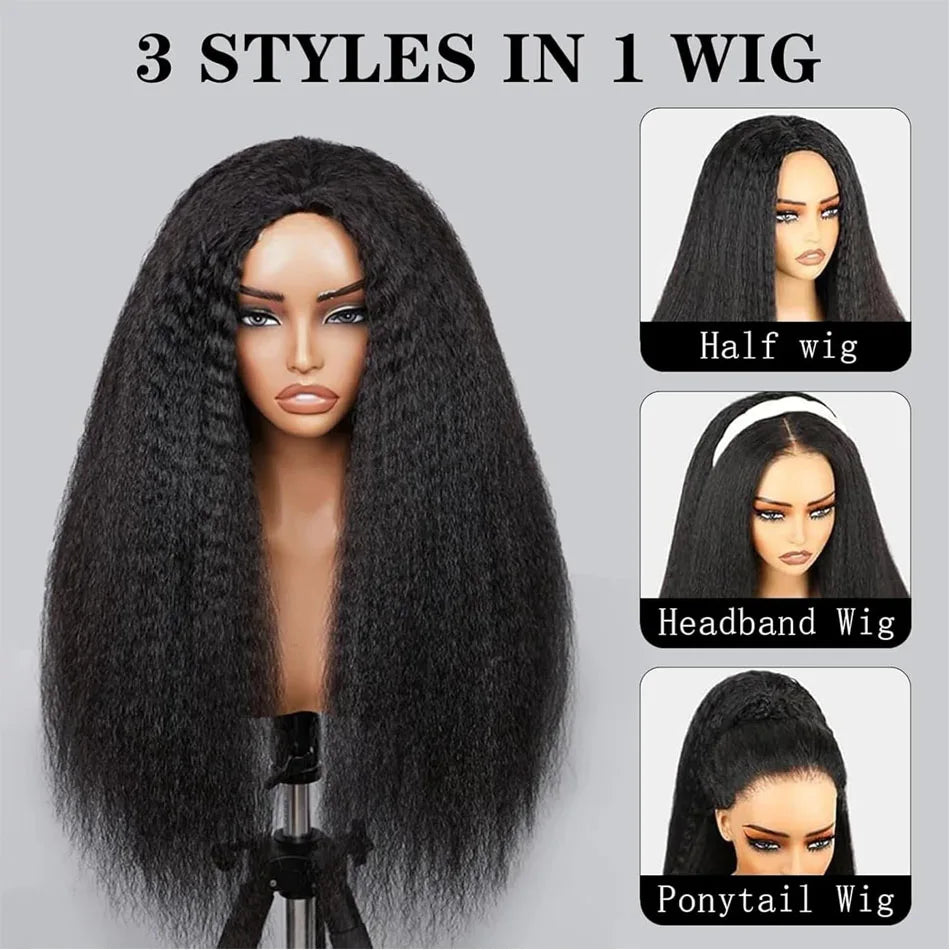 250 Density Kinky Straight Half Wigs Human Hair Wig Human Hair Ready to Wear 3 IN 1 Half Wig Drawstring Yaki Half Wig Human Hair