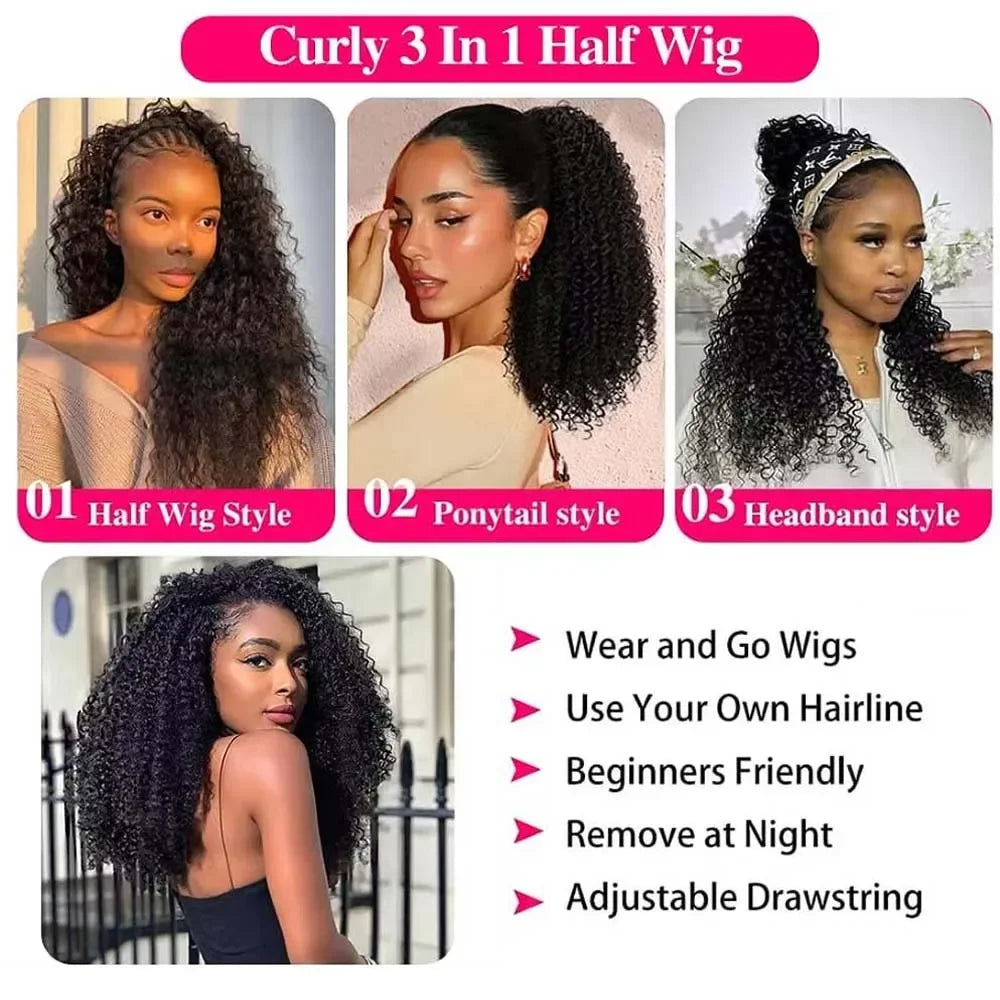 Upgrade 3 IN 1 Half Wig With Drawstring Seamless Clip Ins Flip Over Kinky Curly Wig Half Machine 200% Density Curly Half Wigs for Women Hair