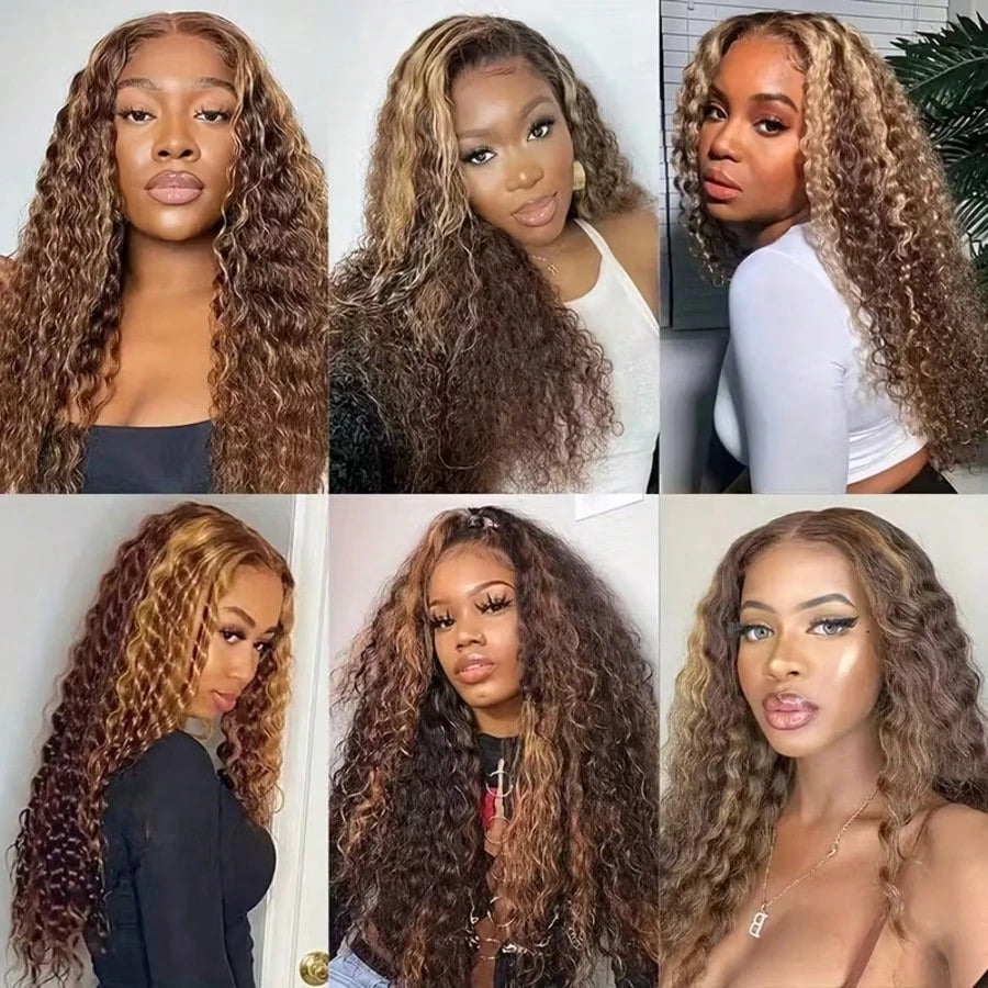 30 Inch Deep Wave Highlight Ombre Lace Front Wigs Human Hair 250% Density Deep Curly Human Hair Wig Pre Plucked P4/27 Ombre 13x4 HD Lace Frontal Wigs With Baby Hair For Women