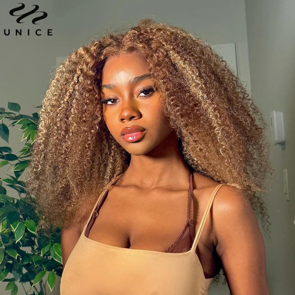 UNice Honey Blonde Highlight Kinky Curly Wig & Jerry Curly Wig Pre Plucked 13x4 Human Hair Lace Frontal Wig Clearance On Sale