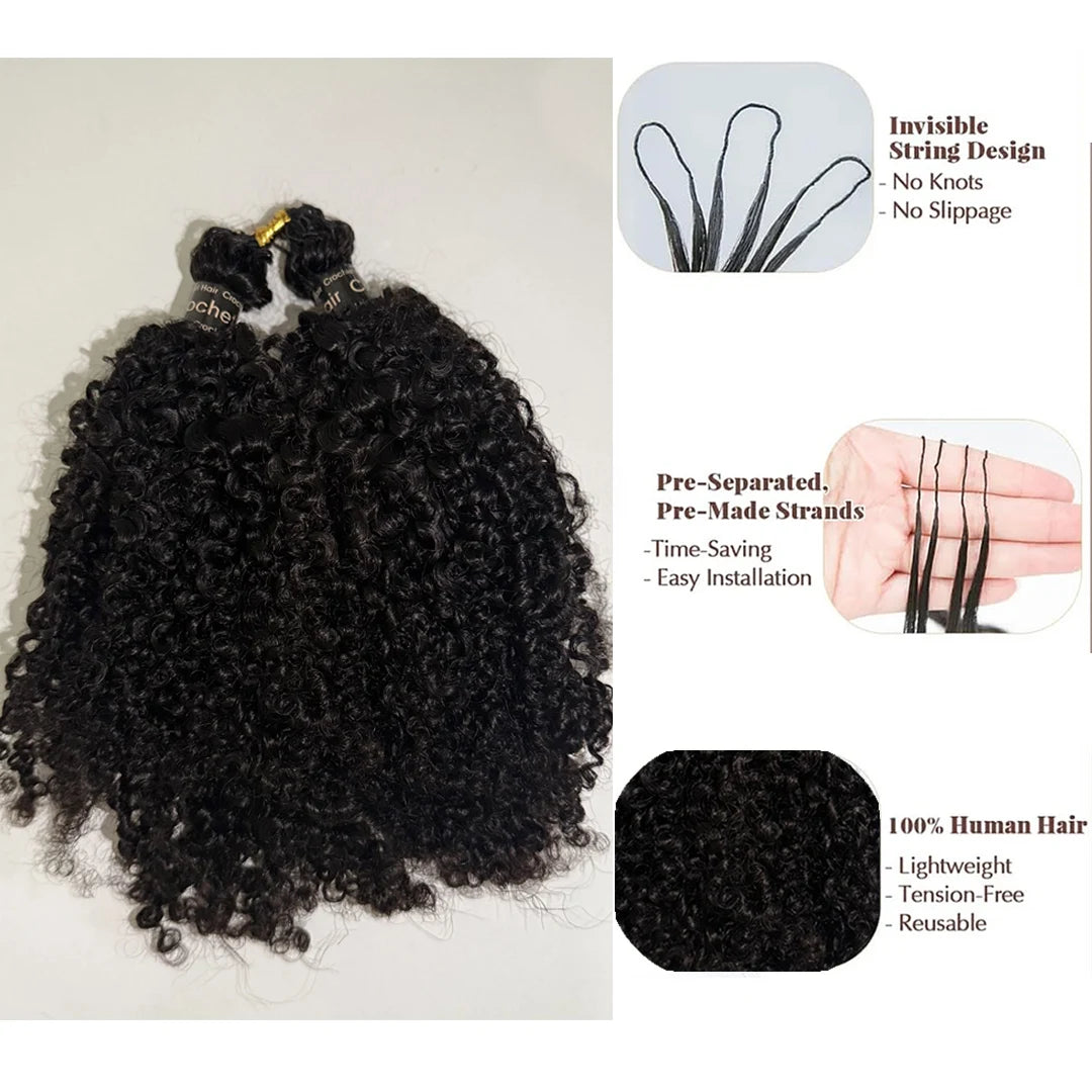 Afro Kinky Curly Human Hair Extensions Crochet Hair Knotless Pre-Separated Feather Crochet Human Hair Extensions Natural Color