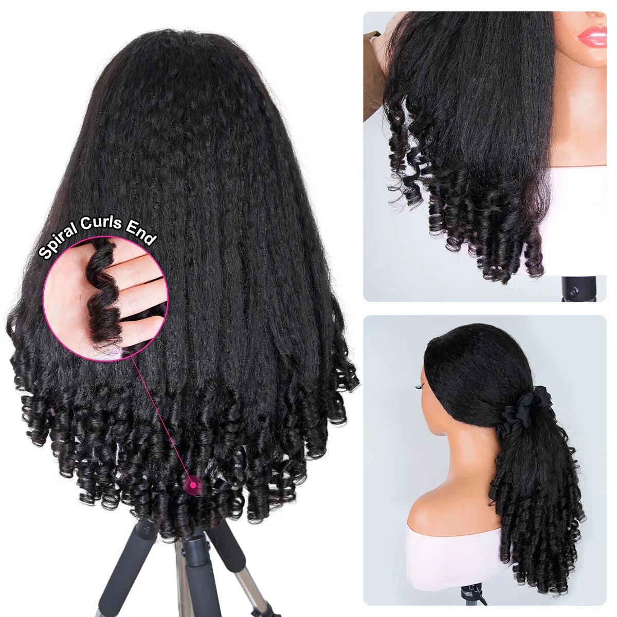 Kinky Straight Burmese Curly Half Wig Human Hair Human Hair Ready to Wear 3 IN 1 Half Wig Drawstring Burmese Glueless Half Wig