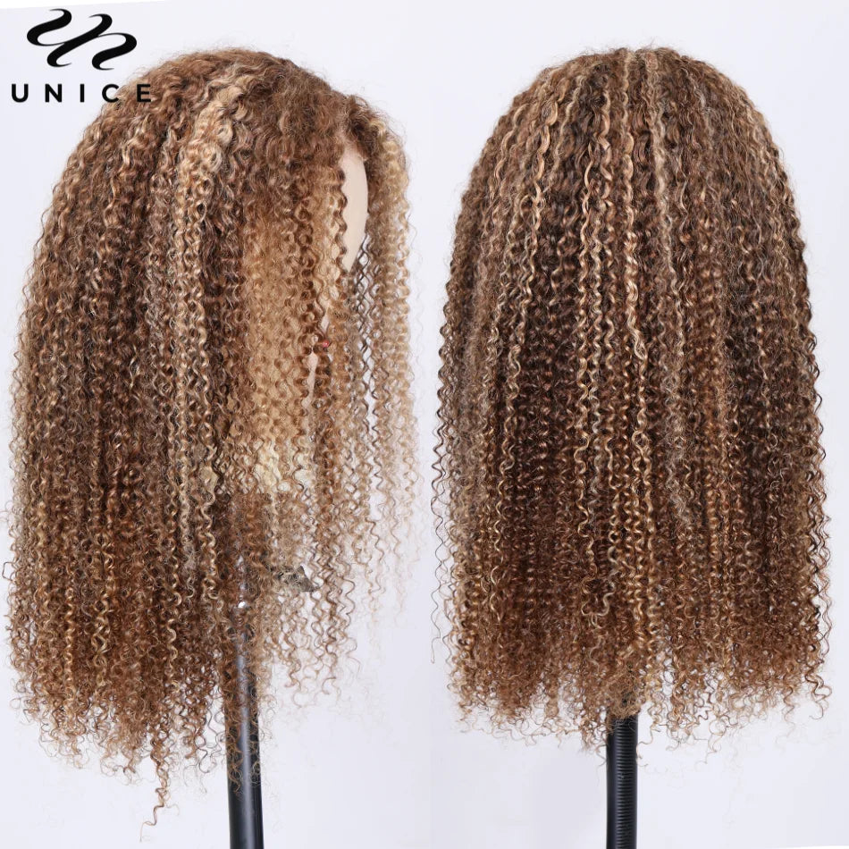 UNice Honey Blonde Highlight Kinky Curly Wig & Jerry Curly Wig Pre Plucked 13x4 Human Hair Lace Frontal Wig Clearance On Sale