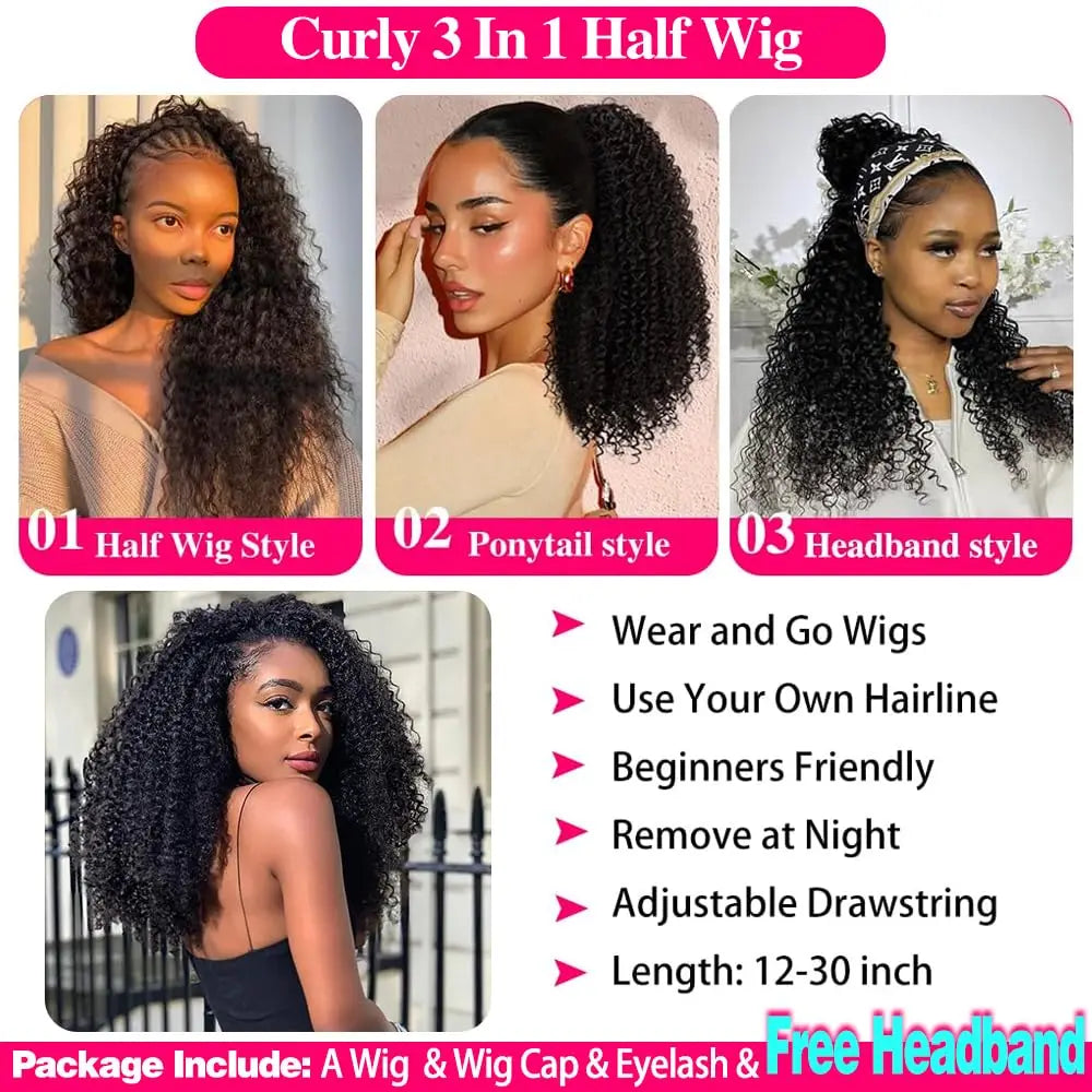 250% 3 In 1 Half Wig Human Hair Water Wave Half Wig Drawstring  Deep Curly  Glueless Curly Flip Over Wig Beginner Friendly
