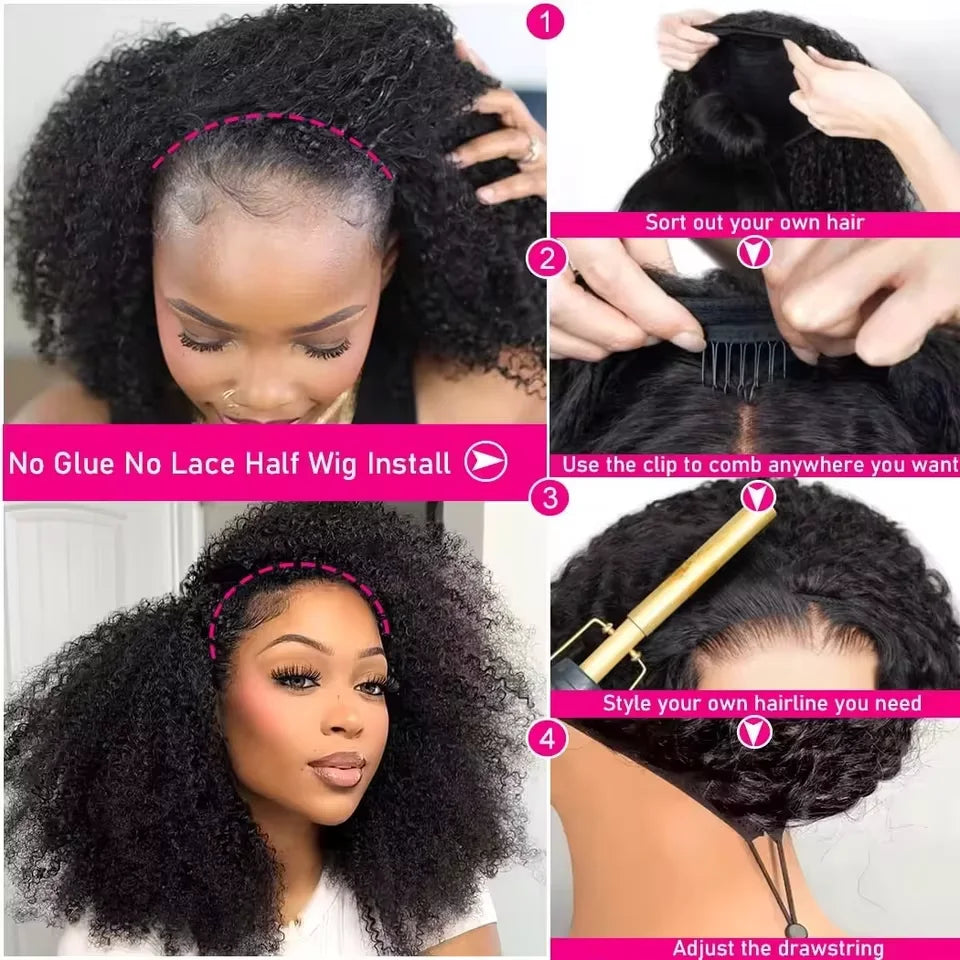 Upgrade 3 IN 1 Half Wig With Drawstring Seamless Clip Ins Flip Over Kinky Curly Wig Half Machine 200% Density Curly Half Wigs for Women Hair