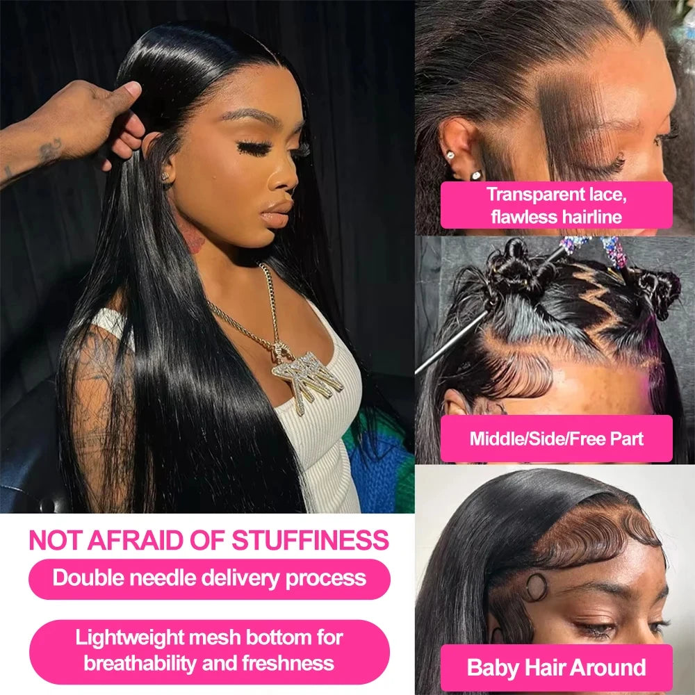 250 Density 13x4 13x6 HD Transparent Lace Frontal Wig Brazilian Wigs Human Hair 5x5 Gluess Wig Bone Straight Hair  For Women