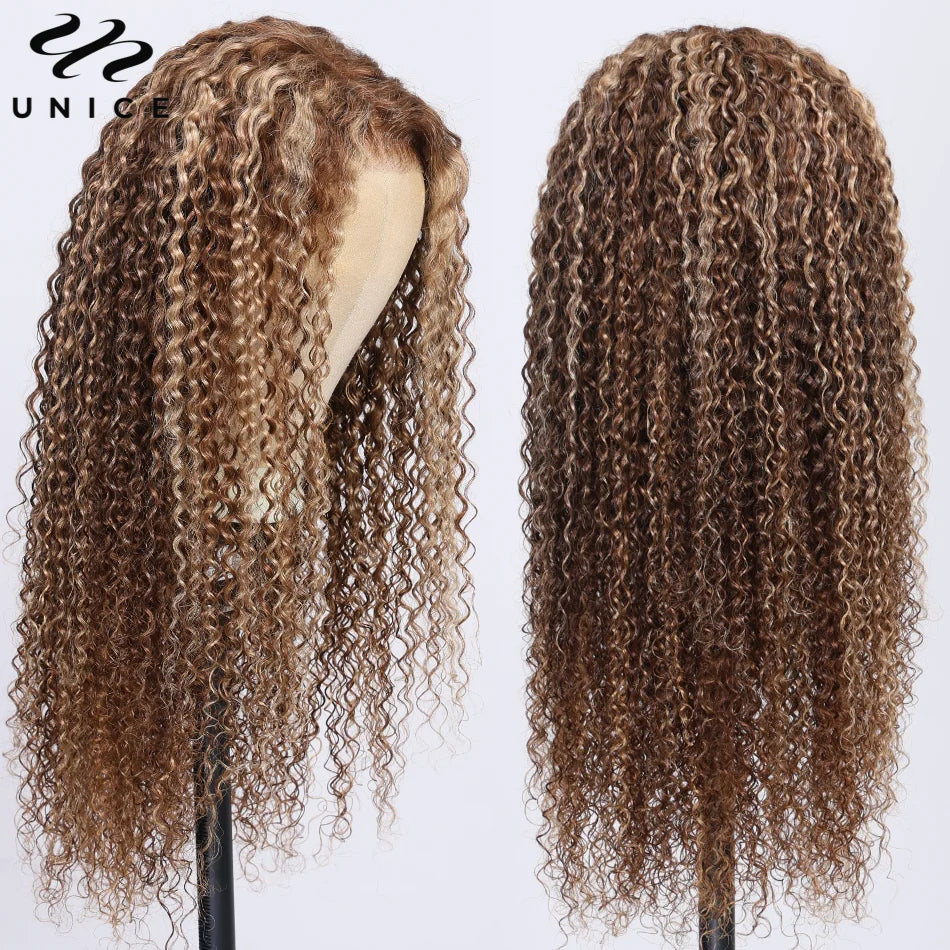UNice Honey Blonde Highlight Kinky Curly Wig & Jerry Curly Wig Pre Plucked 13x4 Human Hair Lace Frontal Wig Clearance On Sale