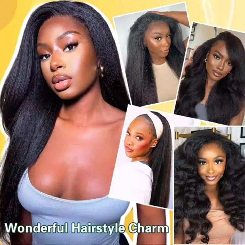 250 Density Kinky Straight Half Wigs Human Hair Wig Human Hair Ready to Wear 3 IN 1 Half Wig Drawstring Yaki Half Wig Human Hair