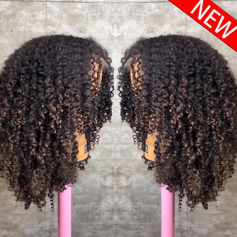 Highlight Glueless Wig Human Hair Kinky Curly 10-18 Inch 400 Density 13x6 HD Transparent Lace Frontal Wig Human Hair Wear And Go
